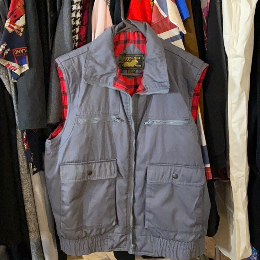 Grey and Red Buffalo Plaid Vest, Branded Lion